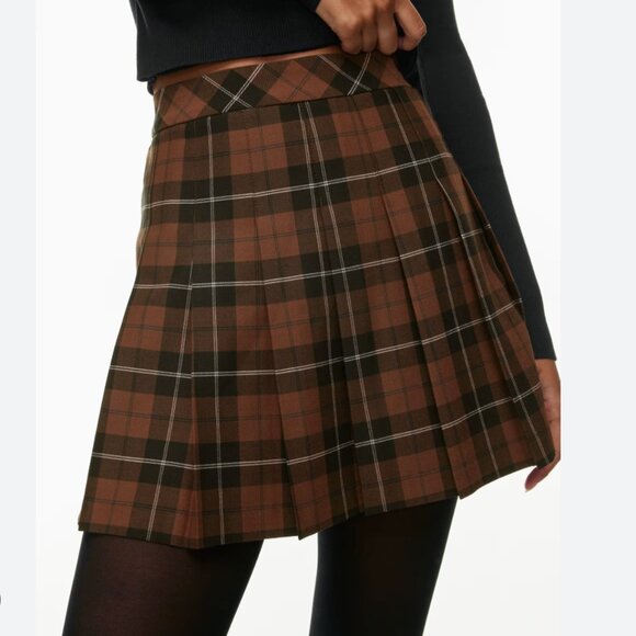 Aritzia Dresses & Skirts - Aritzia Sunday Best Olive Pleated Mini Skirt Brown Cognac Plaid Size 8